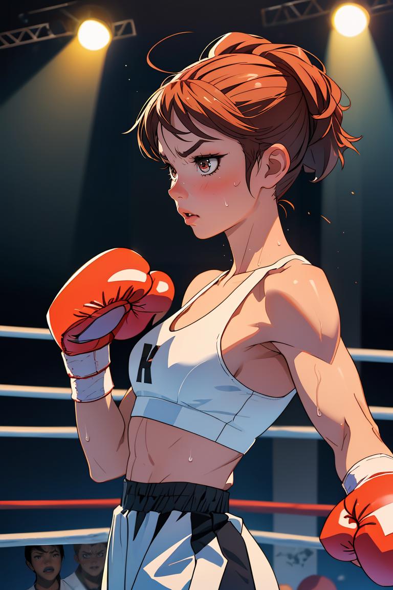 Lexica  A short haired female boxer in a bright tight tank top and tight  Leggings wearing boxing gloves 90s anime celshaded highly detailed  des